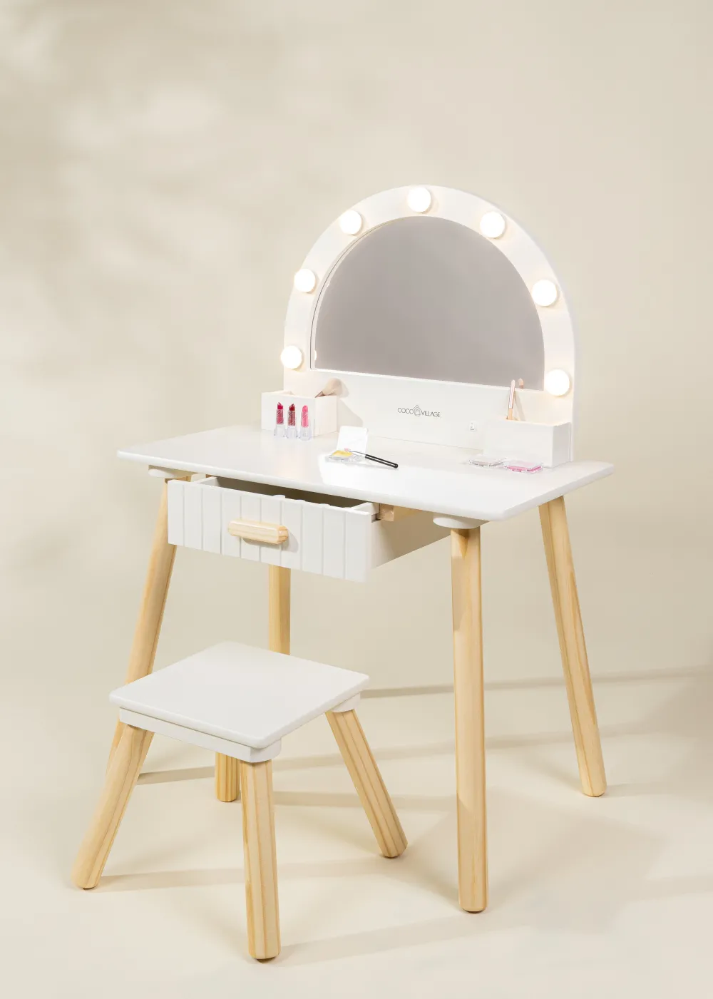 Coco Village Wooden Play Vanity with Lighted Mirror & Stool